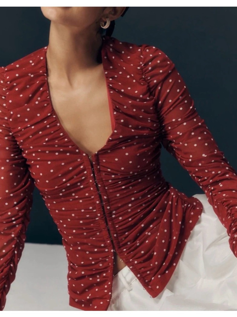 Maeve dark red Polka Dot Ruched Long-Sleeve Top sz small